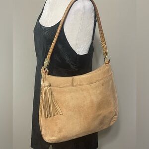 Brahmin Luxury Full Grain SuedeLeather Shoulder Bag Beige Tan Gold Tone Hardware